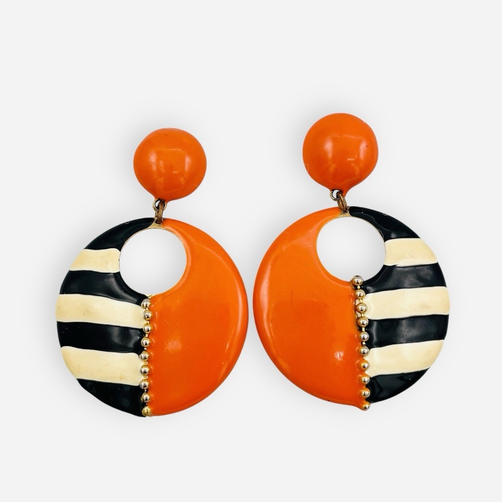 Vintage Don Lin‎ Enamel Earrings Post Orange Black White Stripe Colorblock Drop